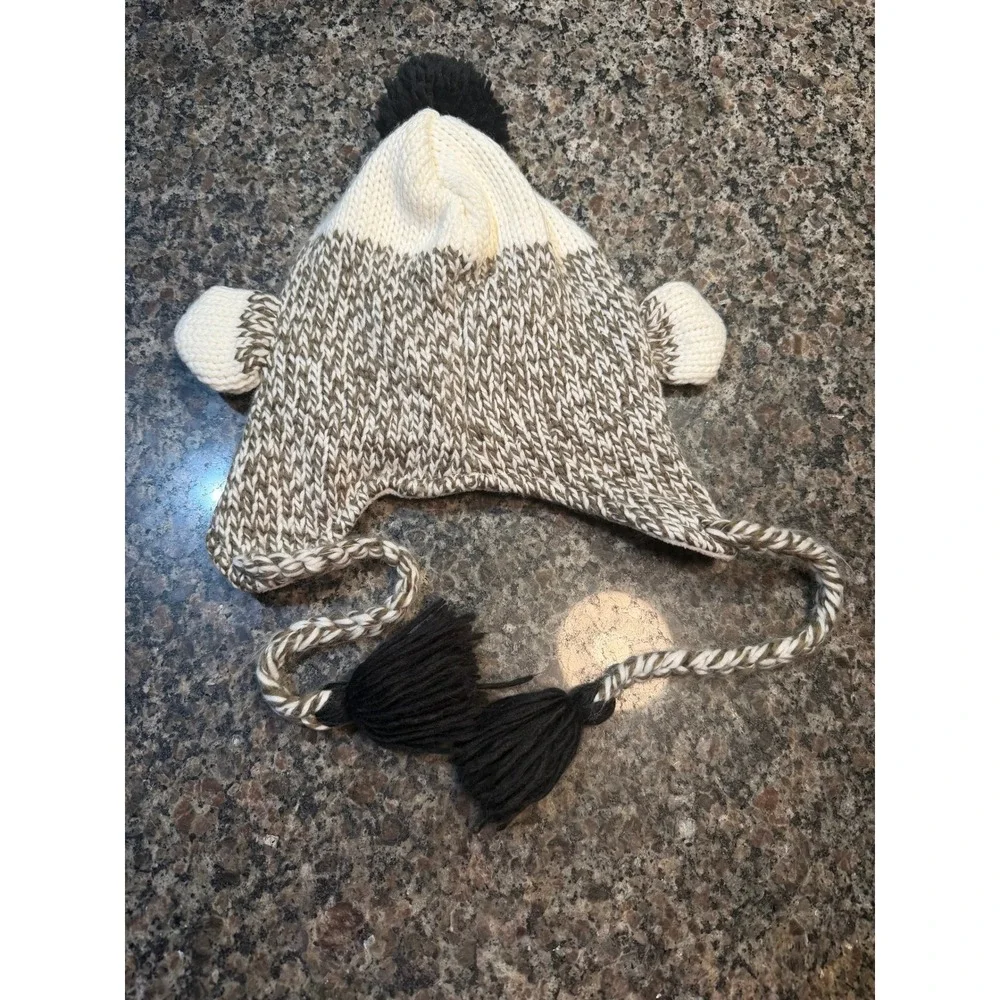 Kids Sock Monkey Knit Trapper Hat‎ Brown Cream Marled Fleece Lined Winter Beanie